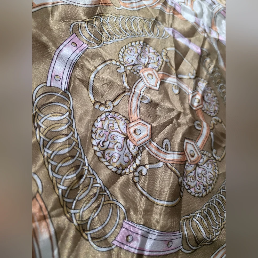 Vintage SATIN Scarf Twilly Large Equestrian Tan Chainlink Designer 2000s Y2k